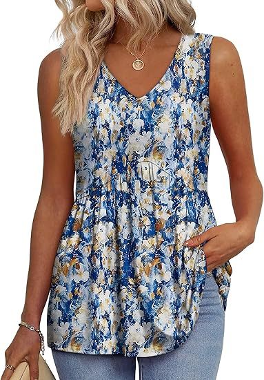 Women's V Neck Sleeveless Blouse – Yellow Blue Flowers