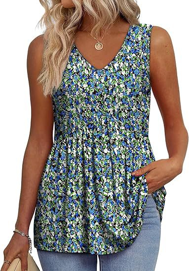 Women's V Neck Sleeveless Blouse – Blue Flowers