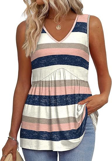 Women's V Neck Sleeveless Blouse – Pink Stripes