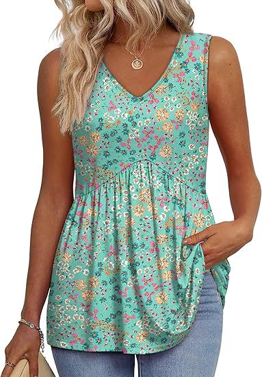 Women's V Neck Sleeveless Blouse – Green Flowers