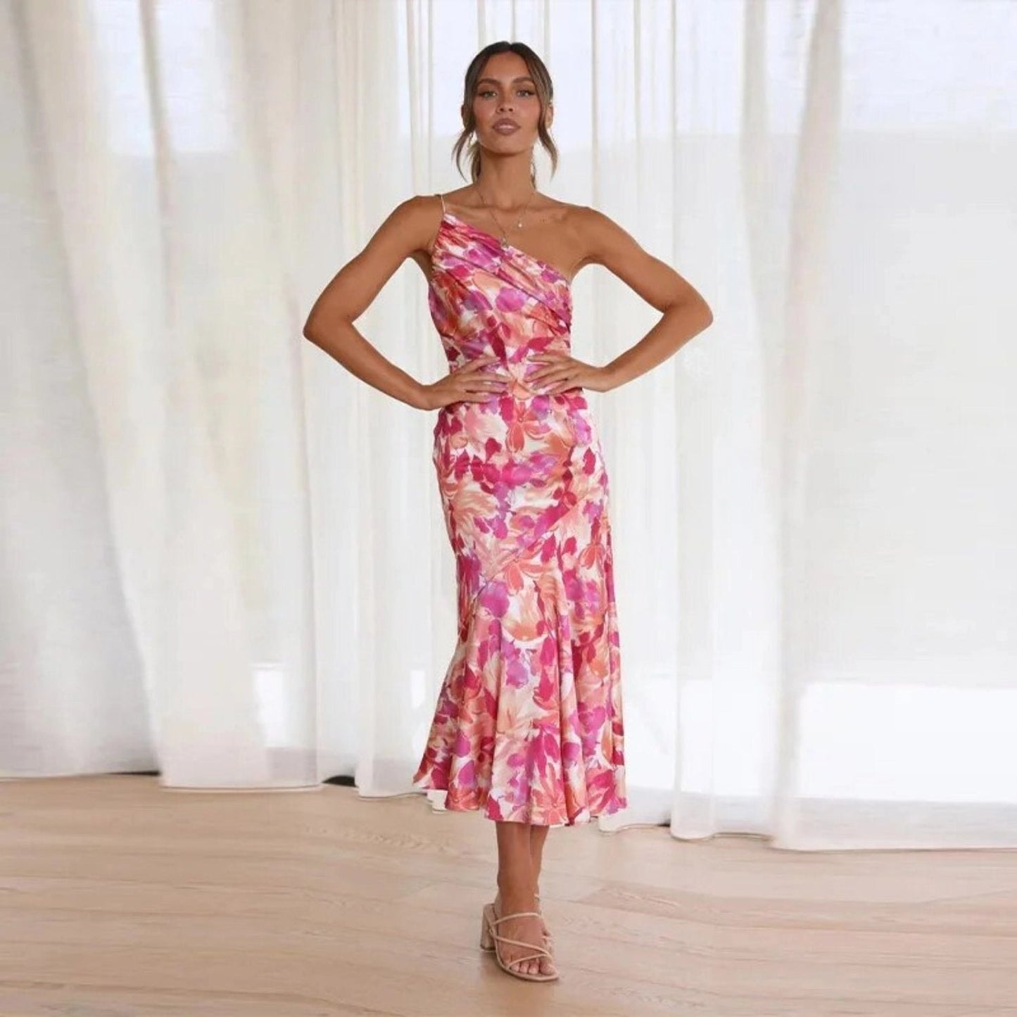 Women's One Shoulder Midi Dress – Pink