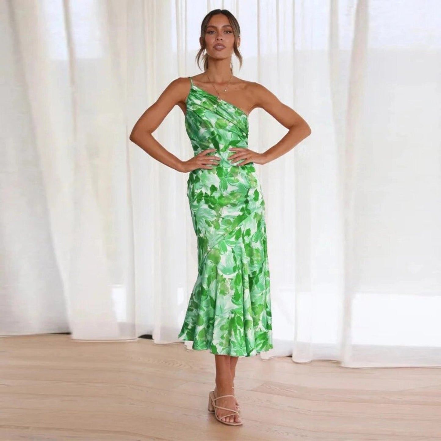 Women's One Shoulder Midi Dress – Green