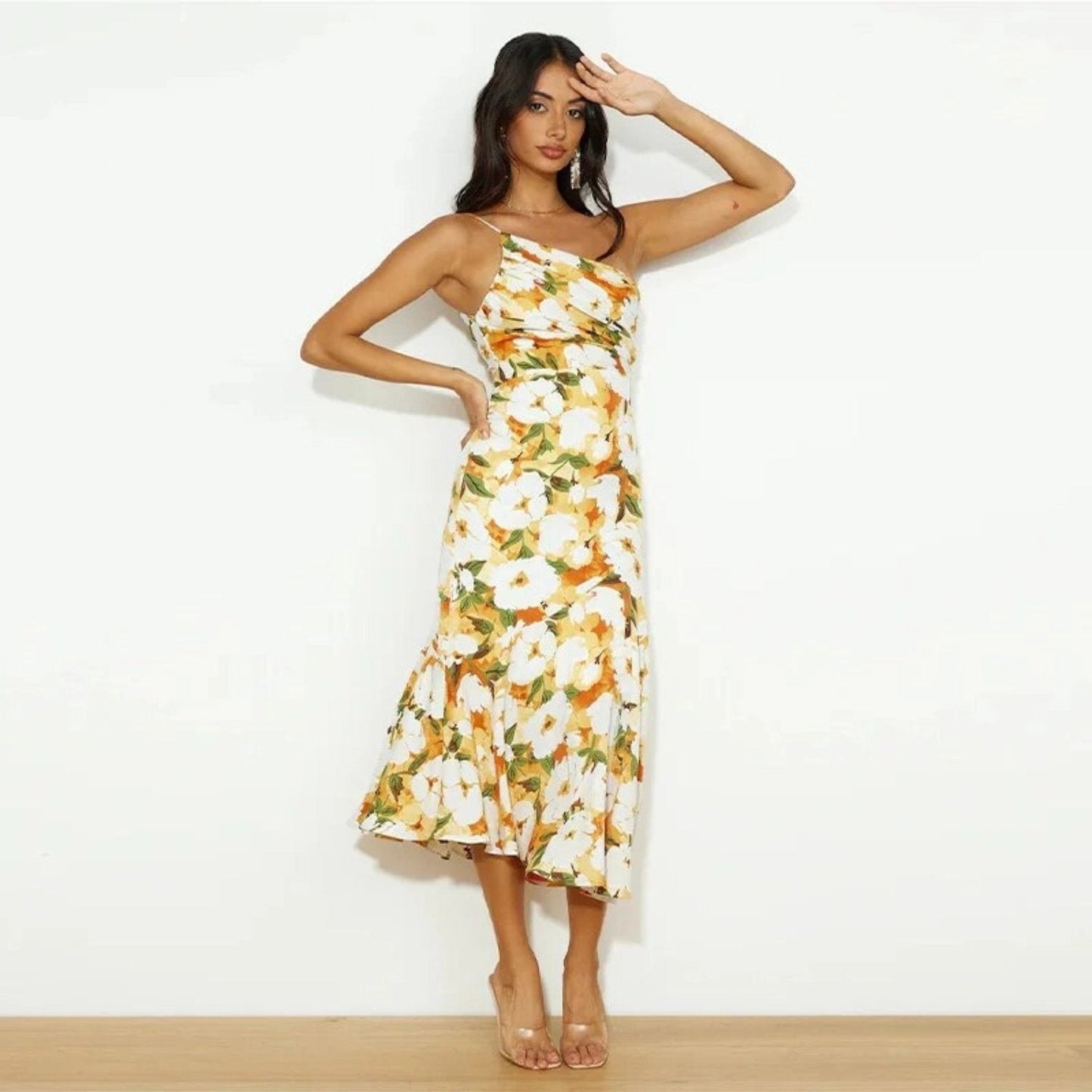 Women's One Shoulder Midi Dress – Yellow