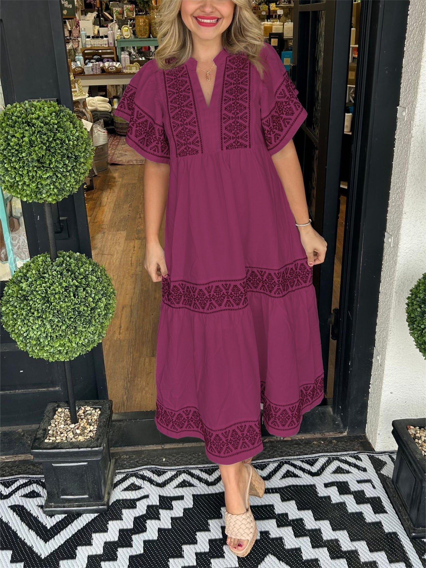 Women's V Neck Maxi Dress – Wine Red