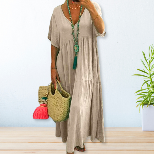 Women's V Neck Maxi Dress – Beige
