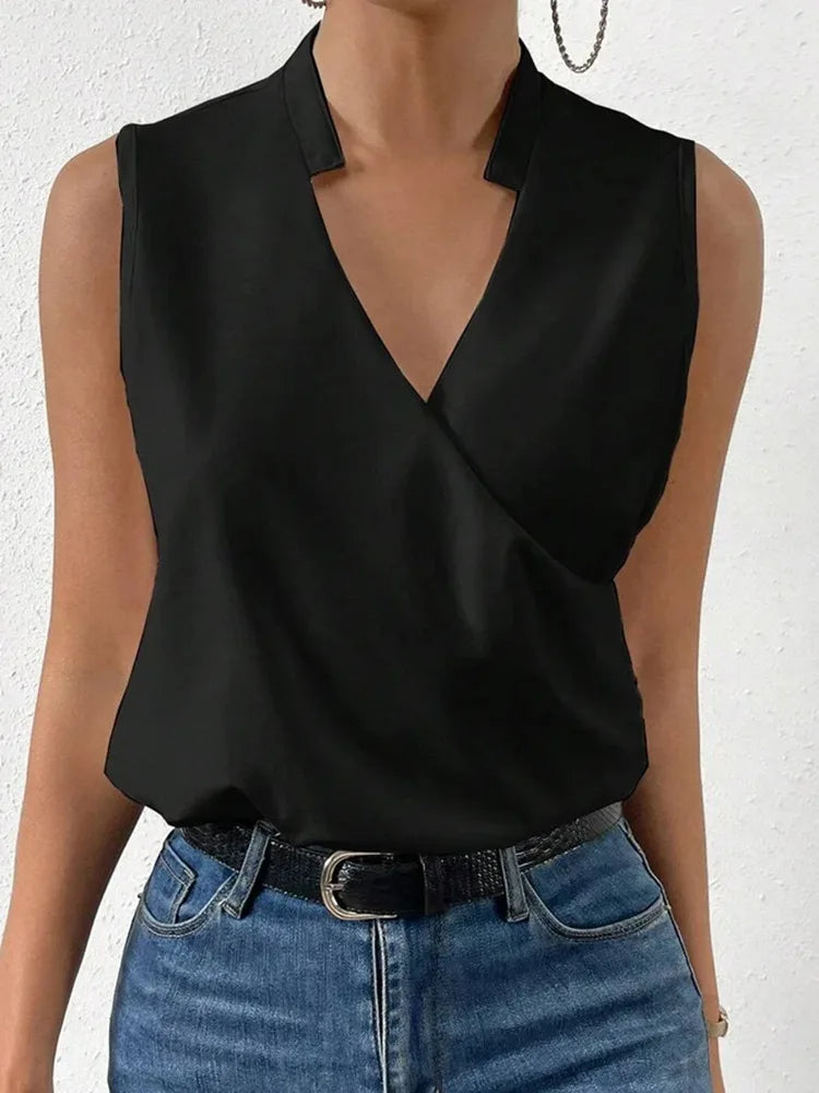 Women's V Neck Sleeveless Blouse – Black