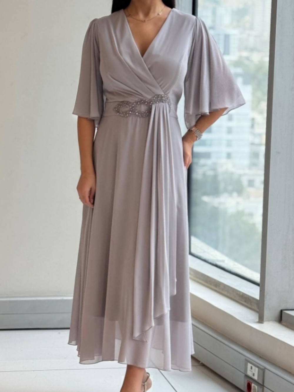 Women's V Neck Maxi Dress – Grey