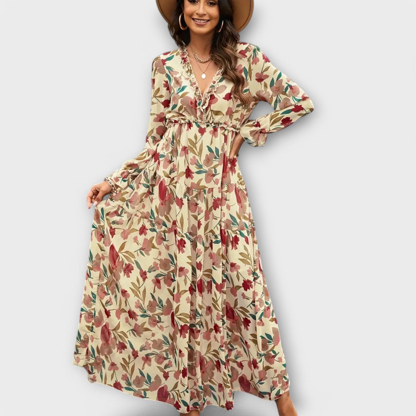 Women's V Neck Maxi Dress – Apricot