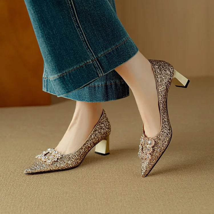 Women's Block Heel Pointed Toe Heels – Gold