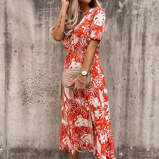 Women's V Neck Midi Dress – Red