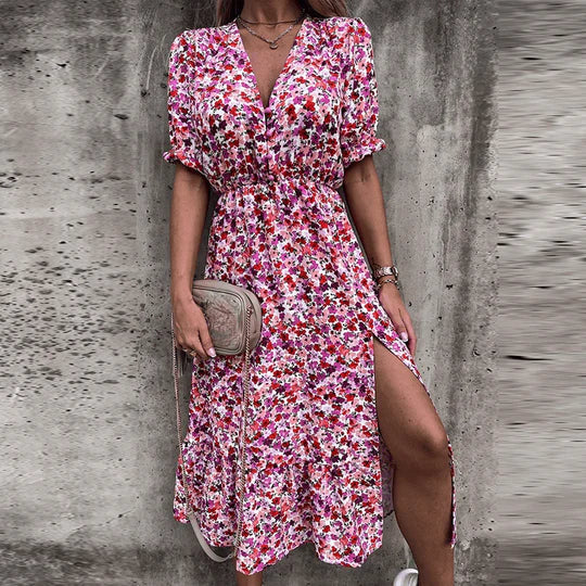 Women's V Neck Midi Dress – Pink
