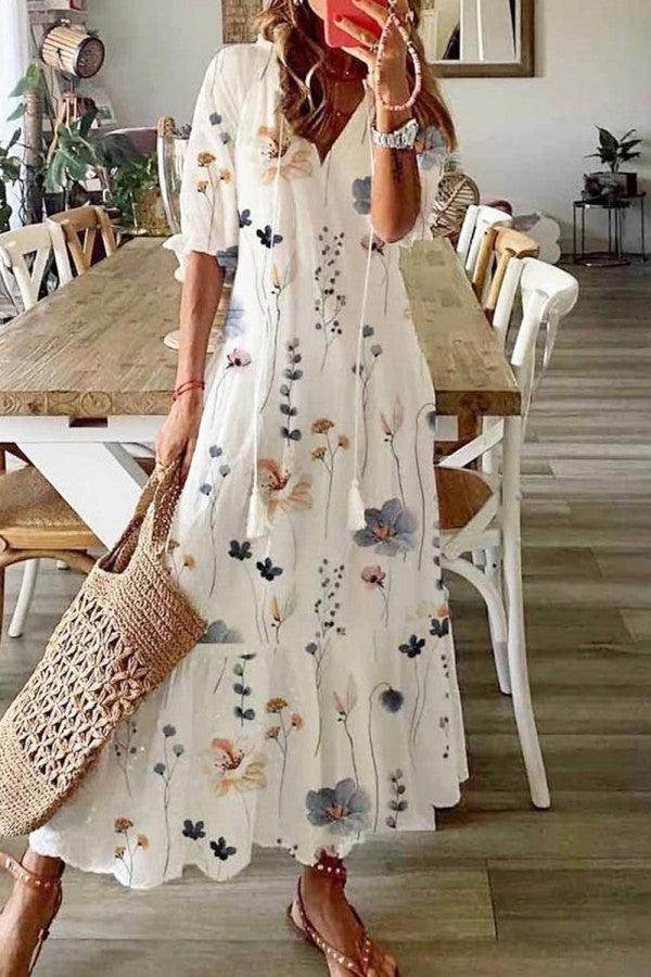Women's V Neck Maxi Dress – Floral White