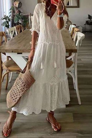 Women's V Neck Maxi Dress – White