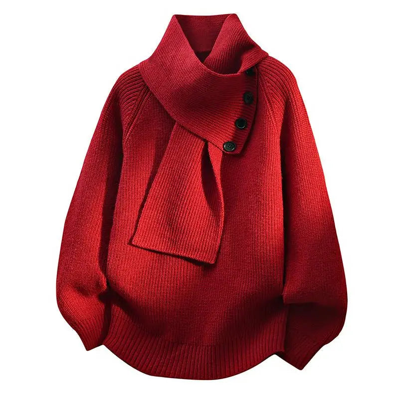 Women's Cowl Neck Long Sleeve Sweater – Red