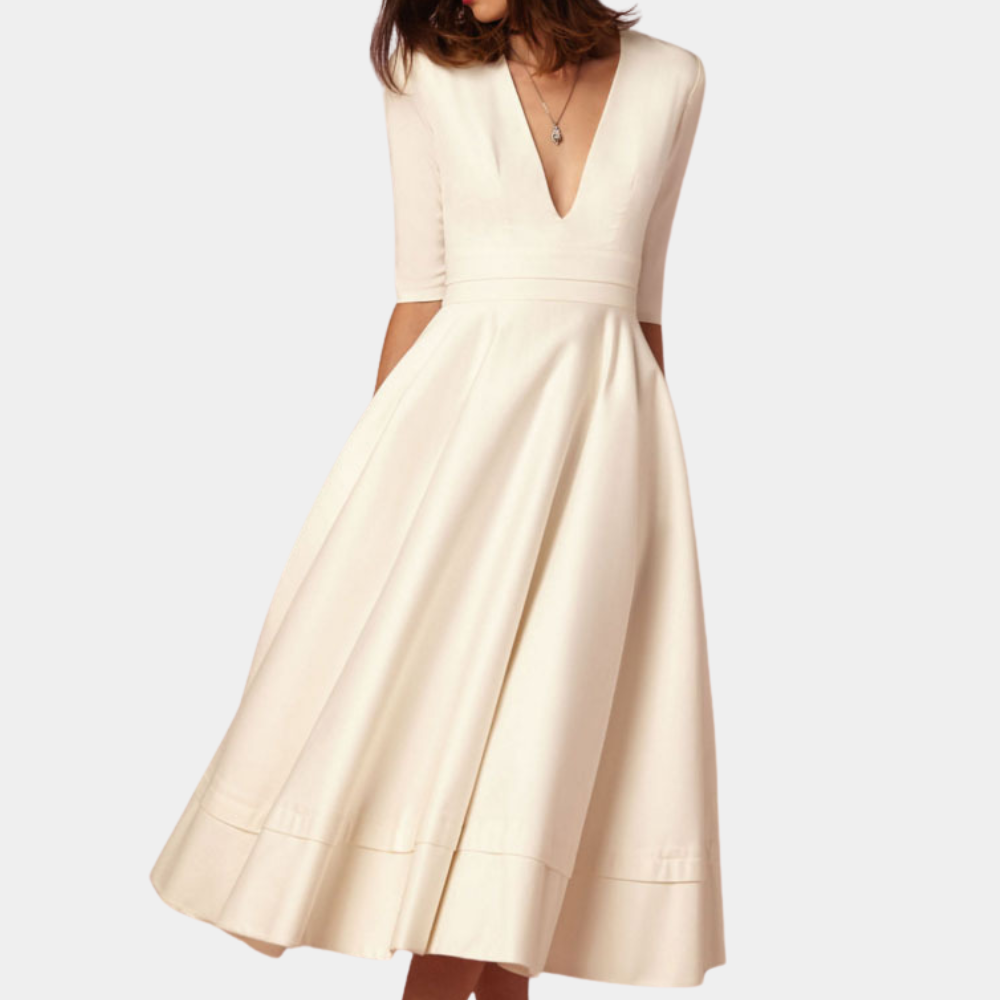 Women's V Neck Midi Dress – Beige
