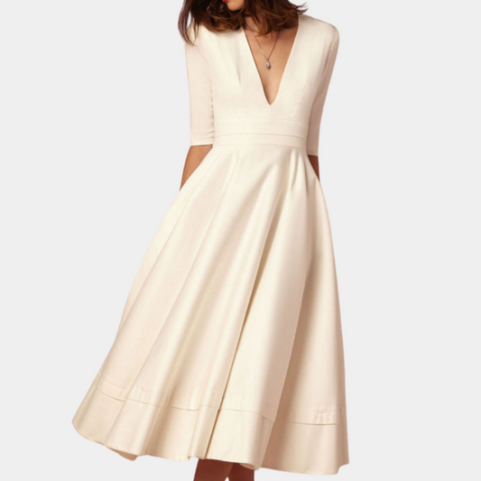Women's V Neck Midi Dress – Beige