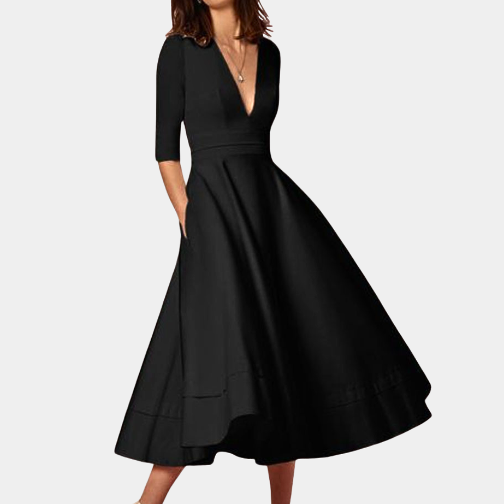 Women's V Neck Midi Dress – Black