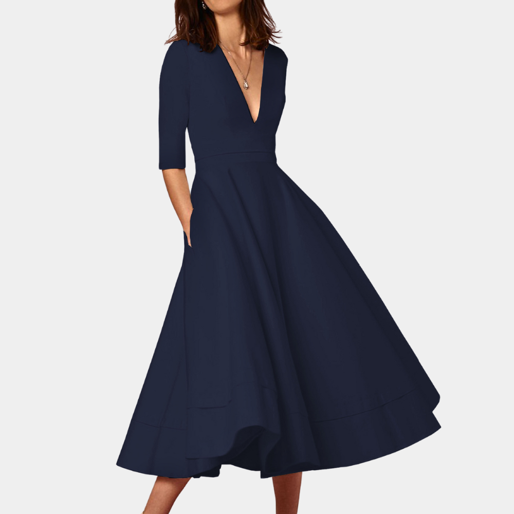 Women's V Neck Midi Dress – Navy Blue