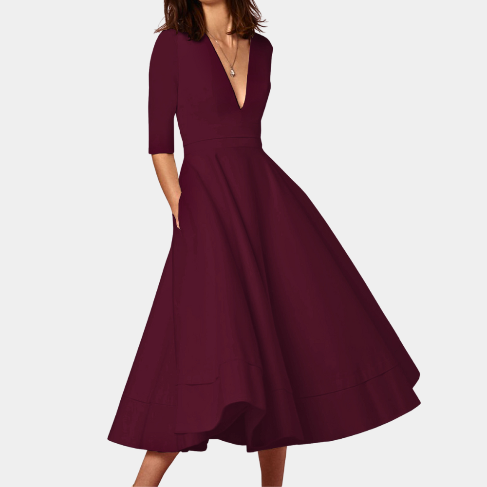 Women's V Neck Midi Dress – Red Wine