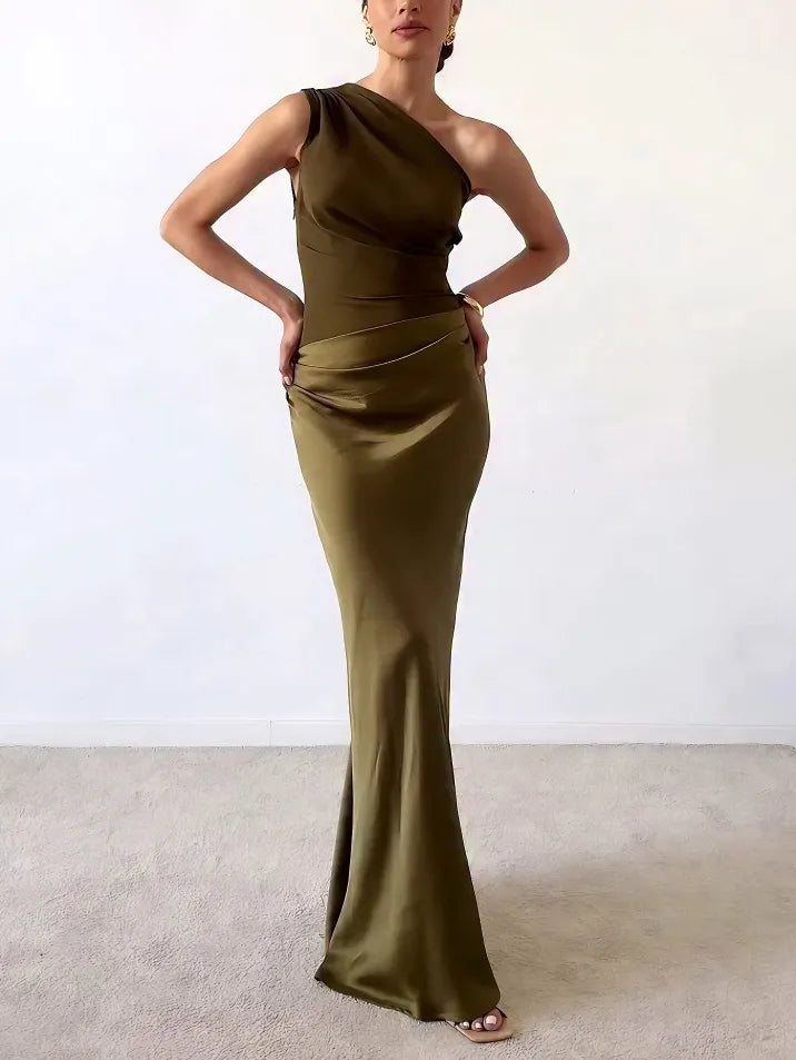 Women's One Shoulder Maxi Dress – Dark Green