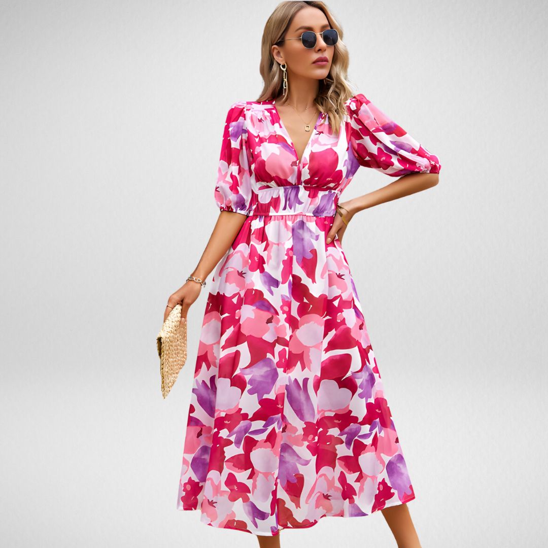 Women's V Neck Midi Dress – Red