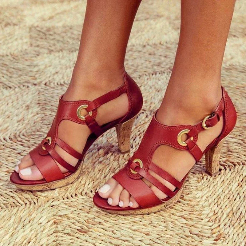 Women's Block Heel Strappy Sandals – Red