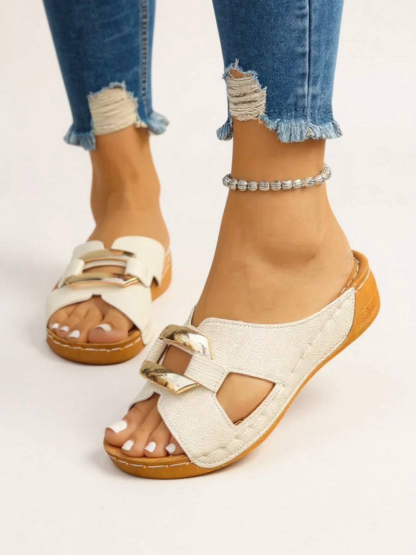 Women's Buckle Slide Sandals – Beige Embossed