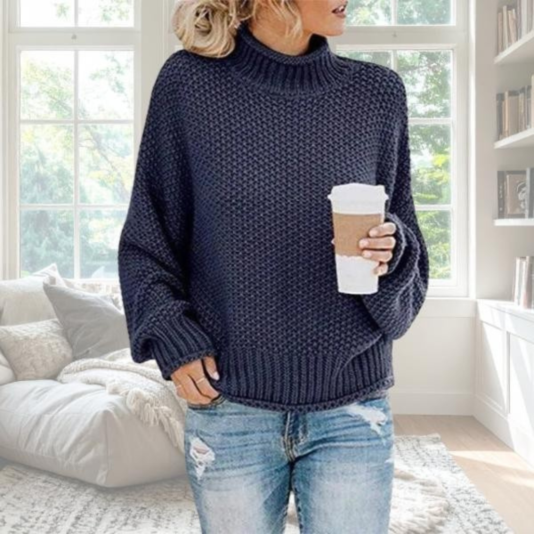 Women's Turtleneck Long Sleeve Sweater – Navy Blue