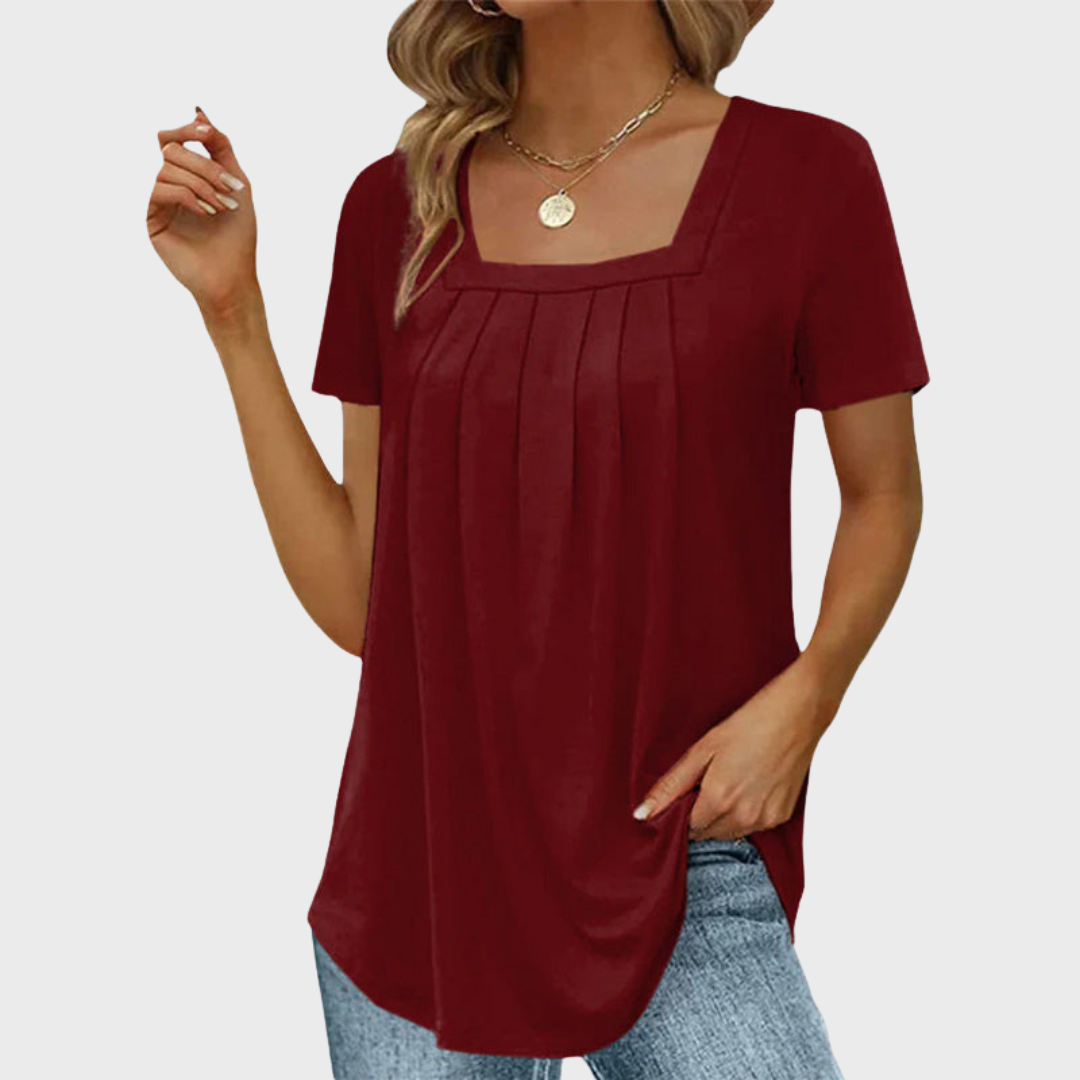 Women's Square Neck Short Sleeve Blouse – Burgundy