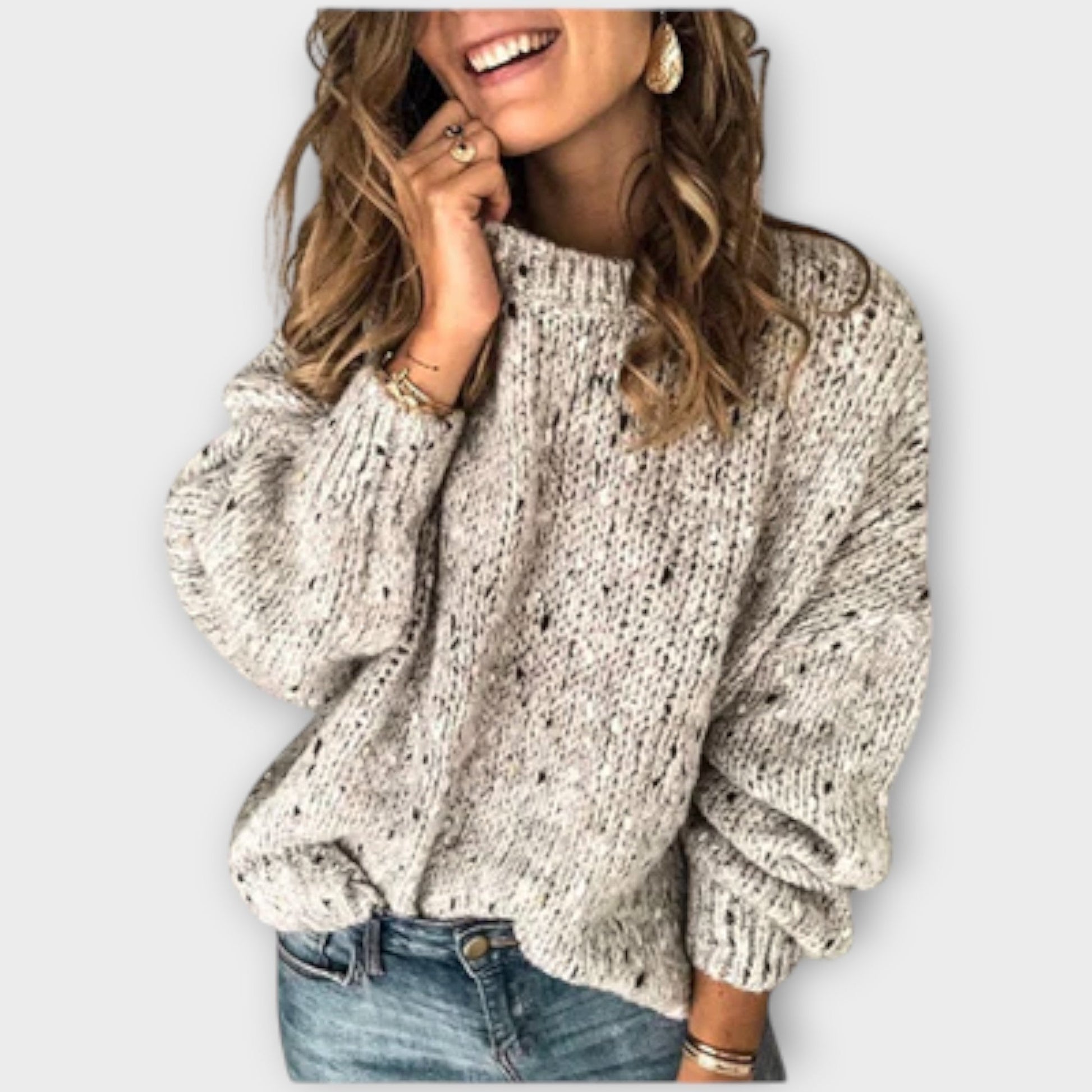 Women's Round Neck Long Sleeve Sweater – Beige