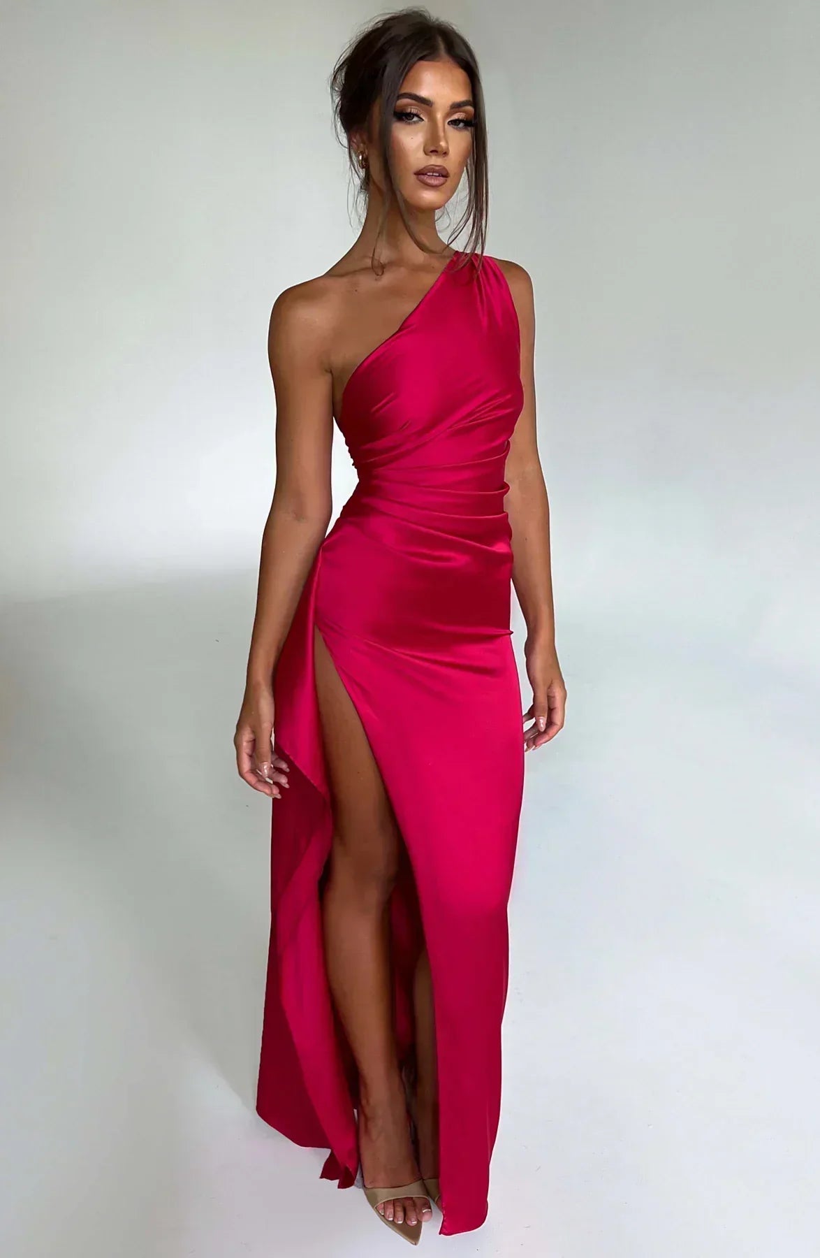 Women's One Shoulder Evening Maxi Dress – Red
