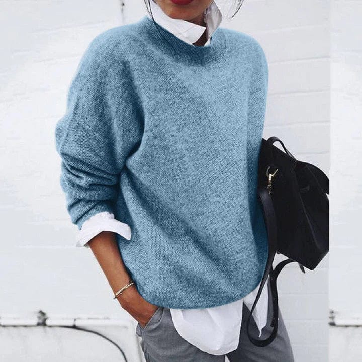 Women's Round Neck Long Sleeve Sweater – Blue
