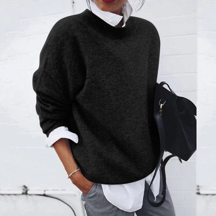 Women's Round Neck Long Sleeve Sweater – Black