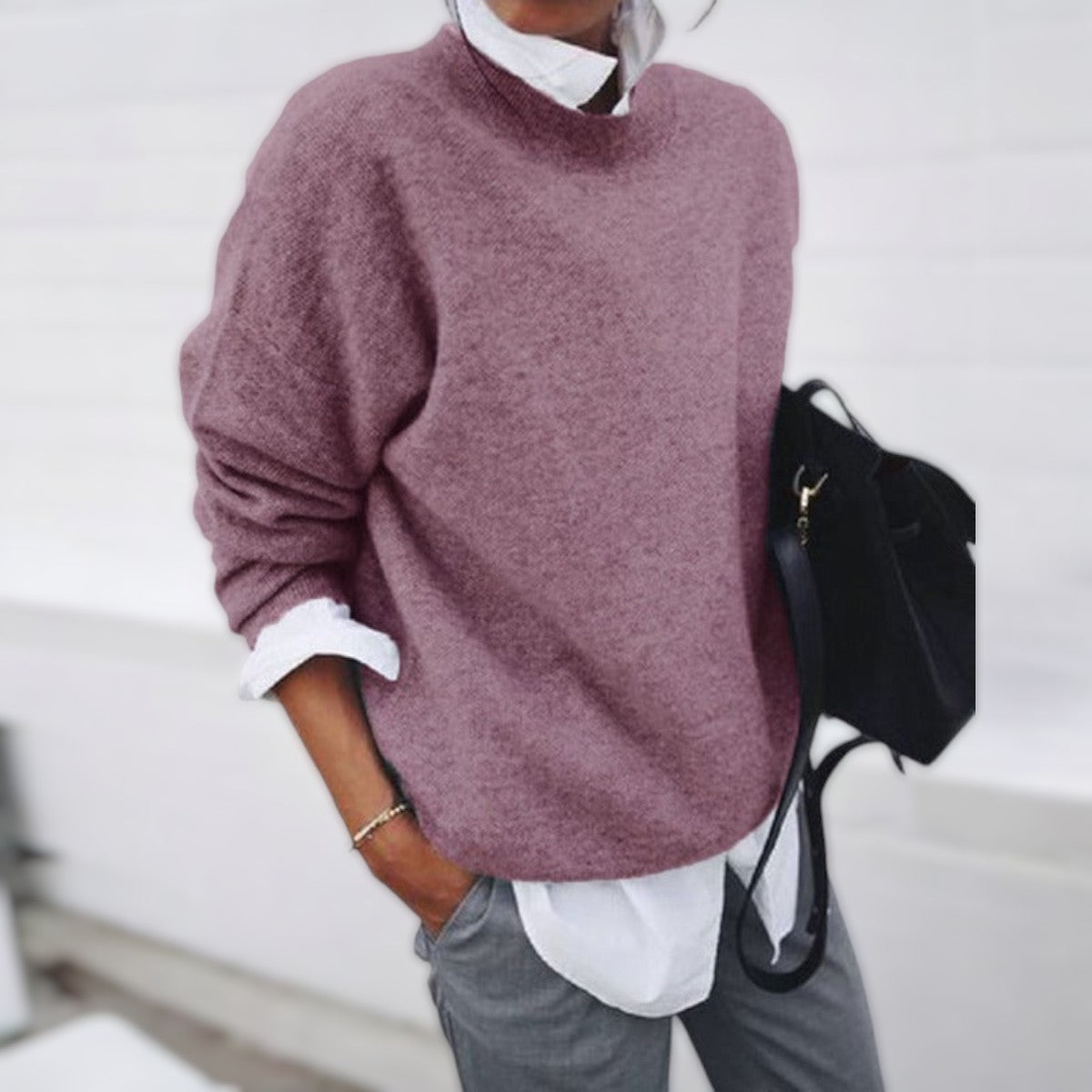 Women's Round Neck Long Sleeve Sweater – Purple/pink
