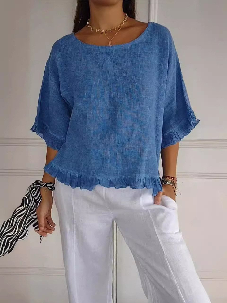 Women's Round Neck Long Sleeve Blouse – Blue