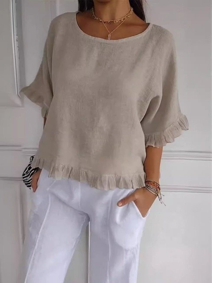 Women's Round Neck Long Sleeve Blouse – Beige