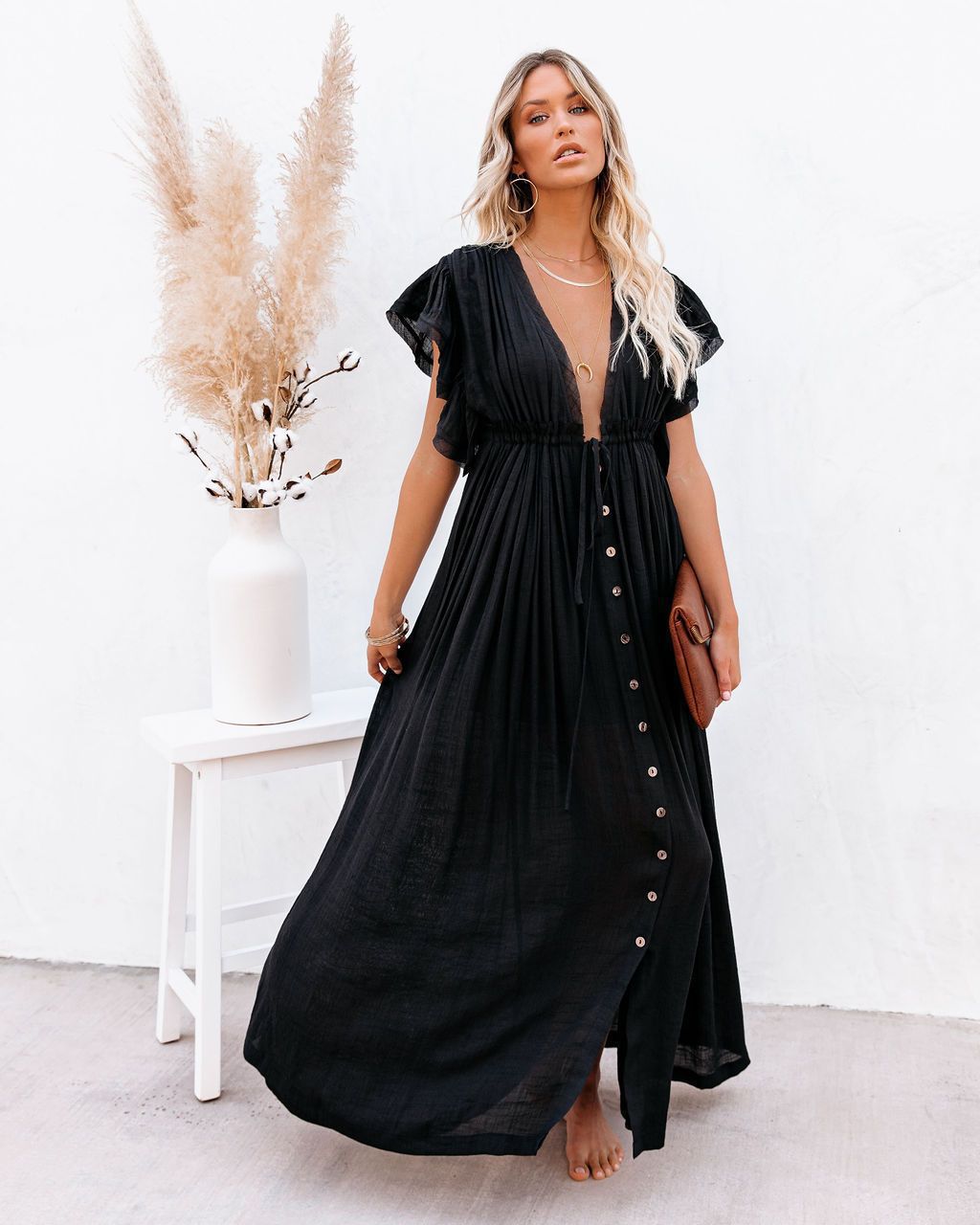 Women's V Neck Maxi Dress – Black