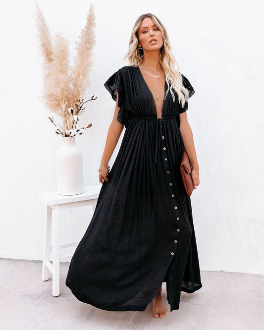 Women's V Neck Maxi Dress – Black