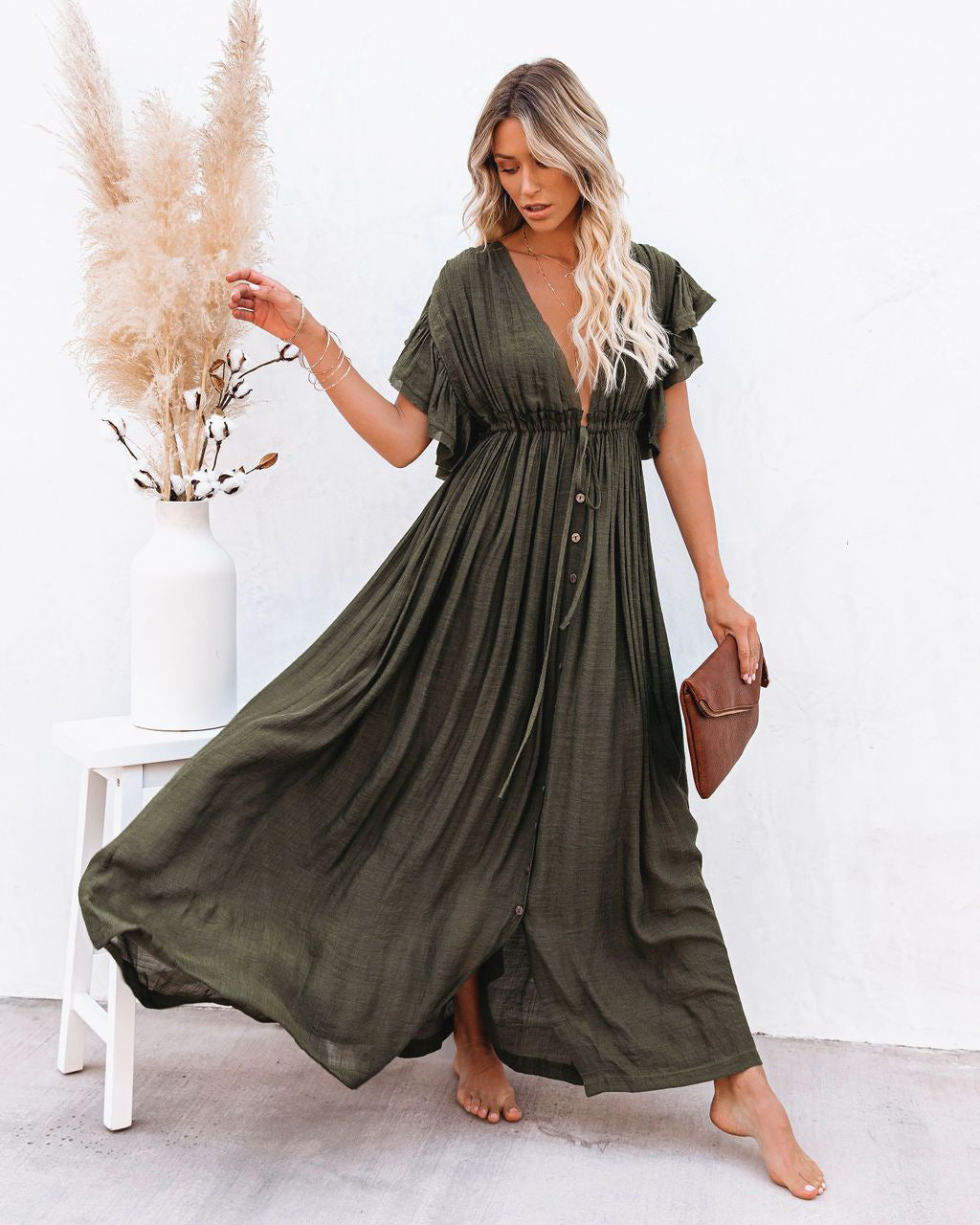 Women's V Neck Maxi Dress – Army Green