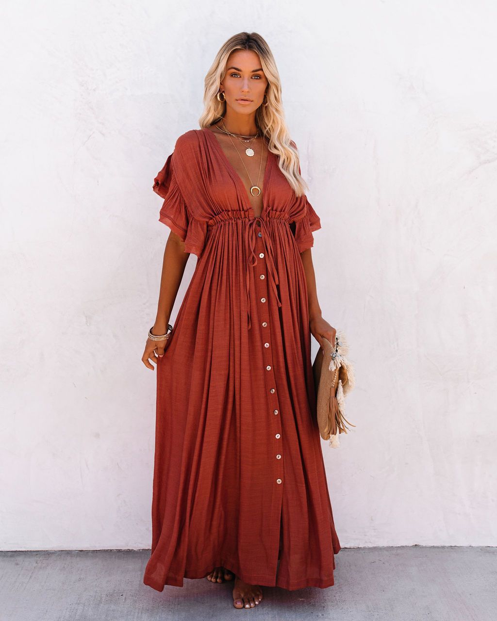 Women's V Neck Maxi Dress – Rust