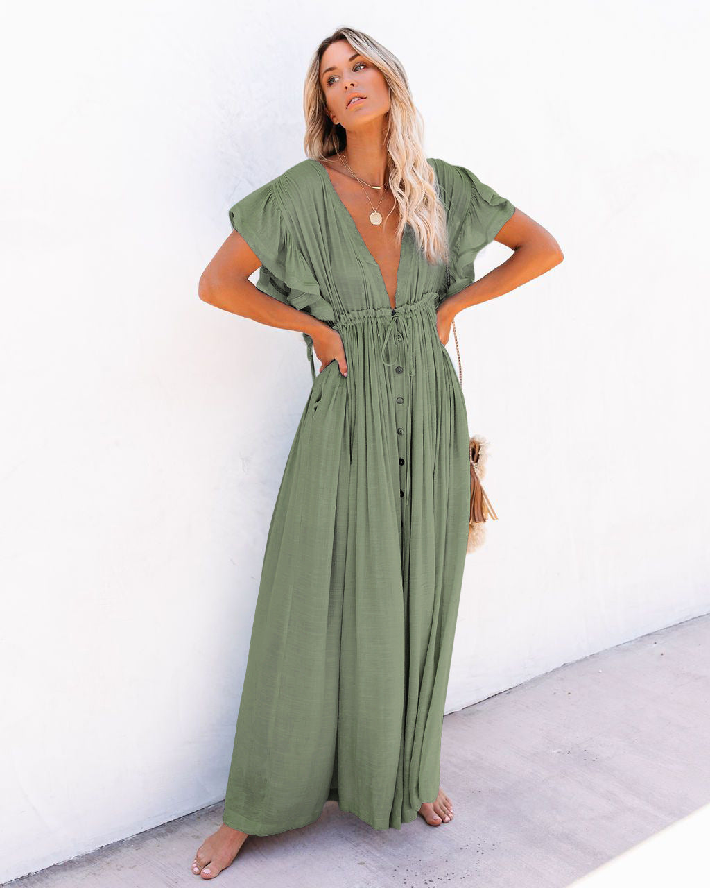 Women's V Neck Maxi Dress – Light Green