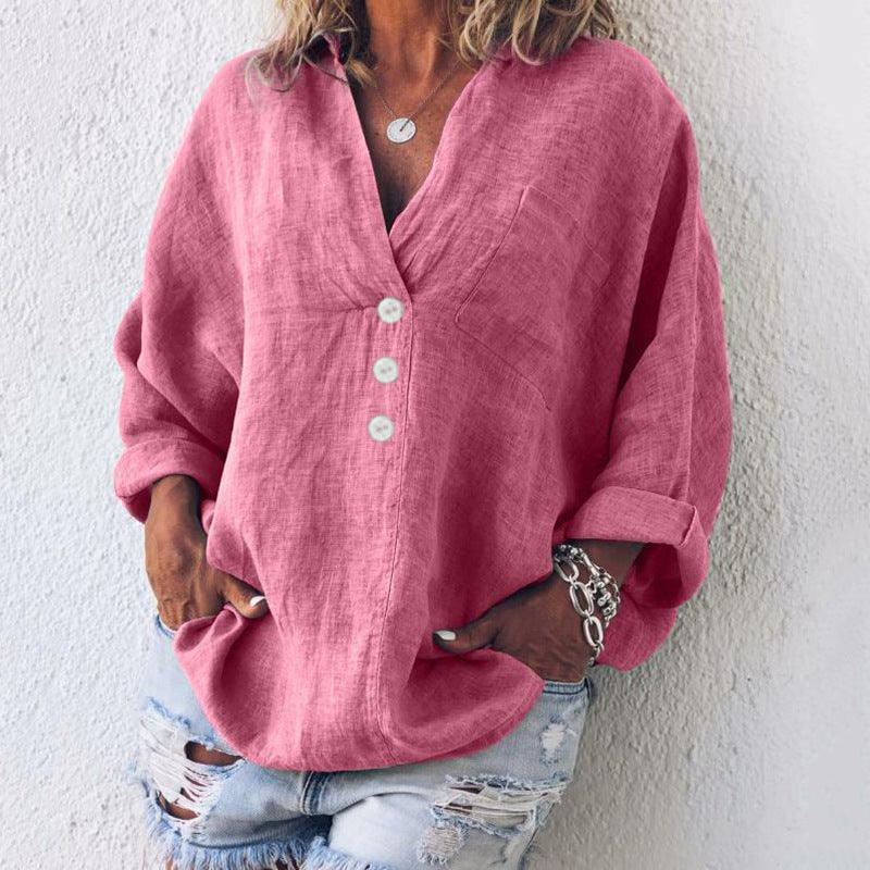 Women's V Neck Long Sleeve Blouse – Pink
