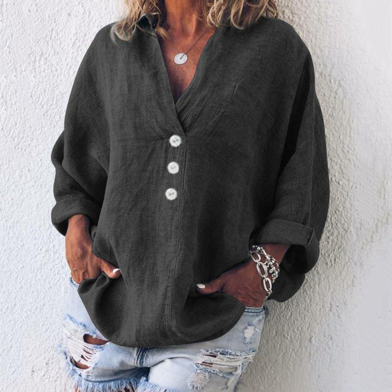 Women's V Neck Long Sleeve Blouse – Black