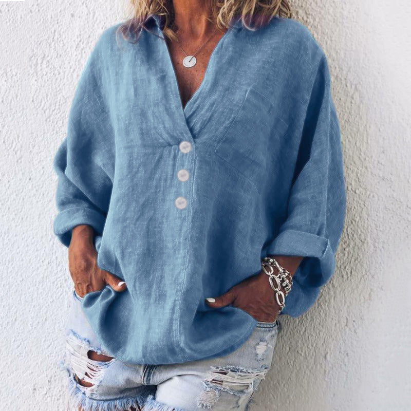 Women's V Neck Long Sleeve Blouse – Blue