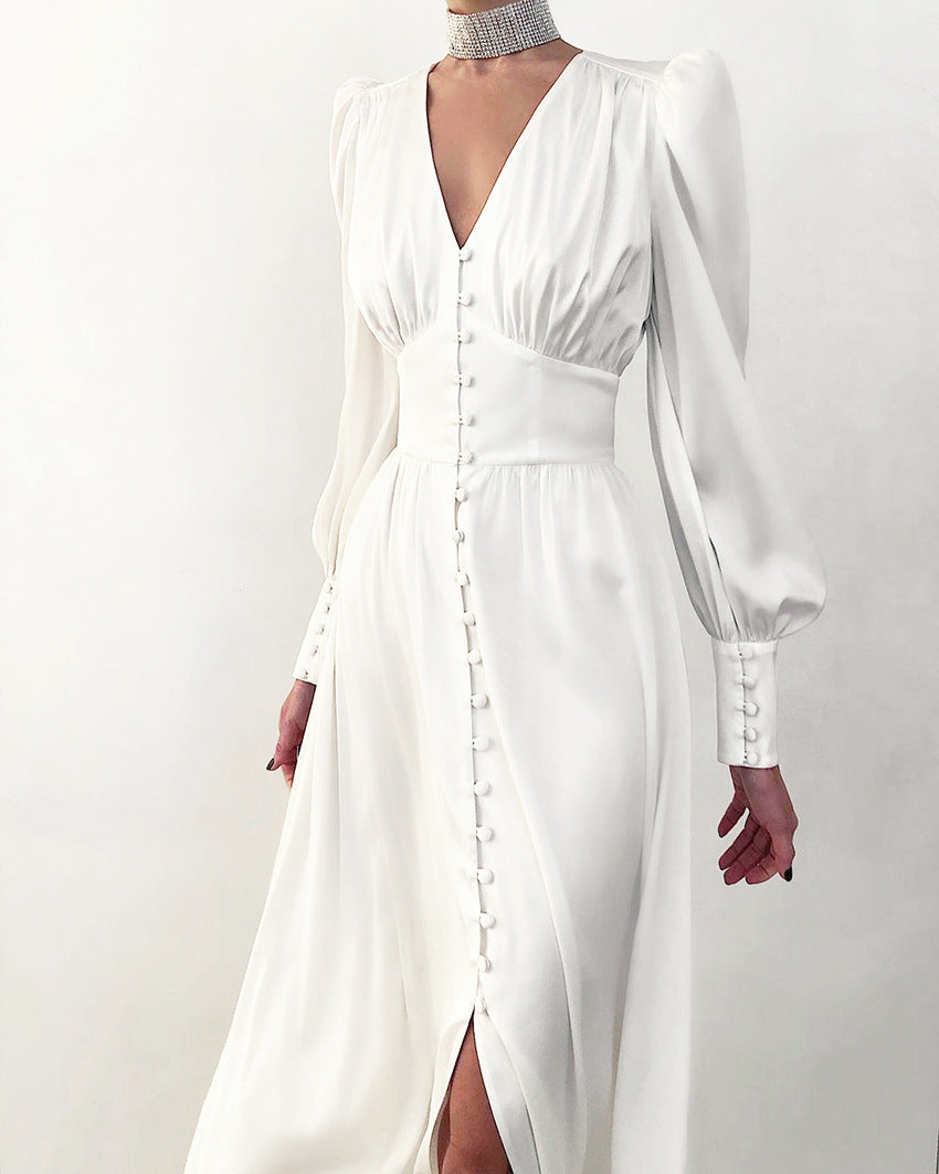 Women's V Neck Midi Dress – White