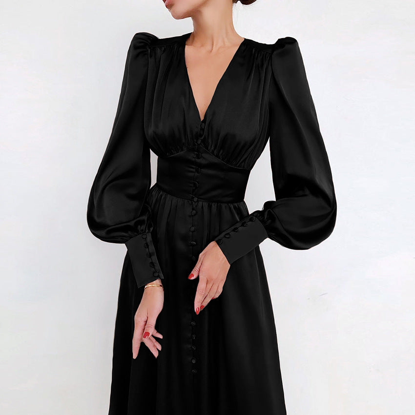 Women's V Neck Midi Dress – Black