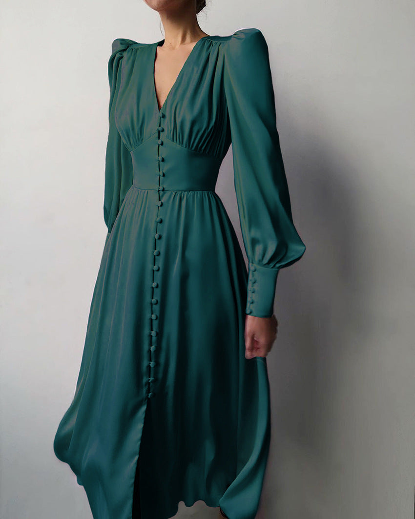 Women's V Neck Midi Dress – Green