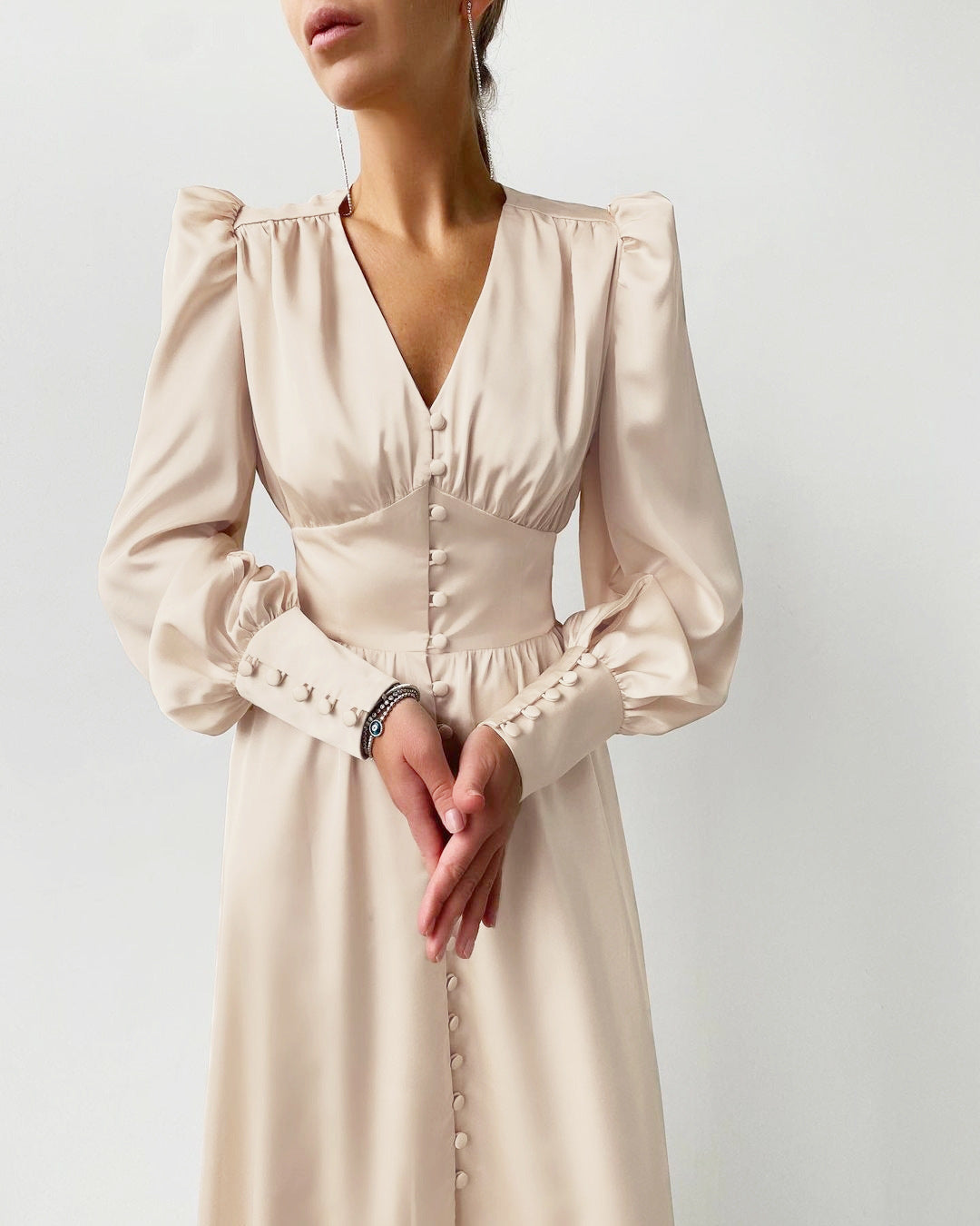 Women's V Neck Midi Dress – Beige