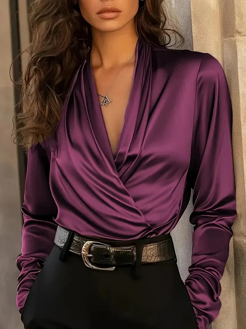 Women's Wrap Cowl Neck Long Sleeve Blouse – Purple