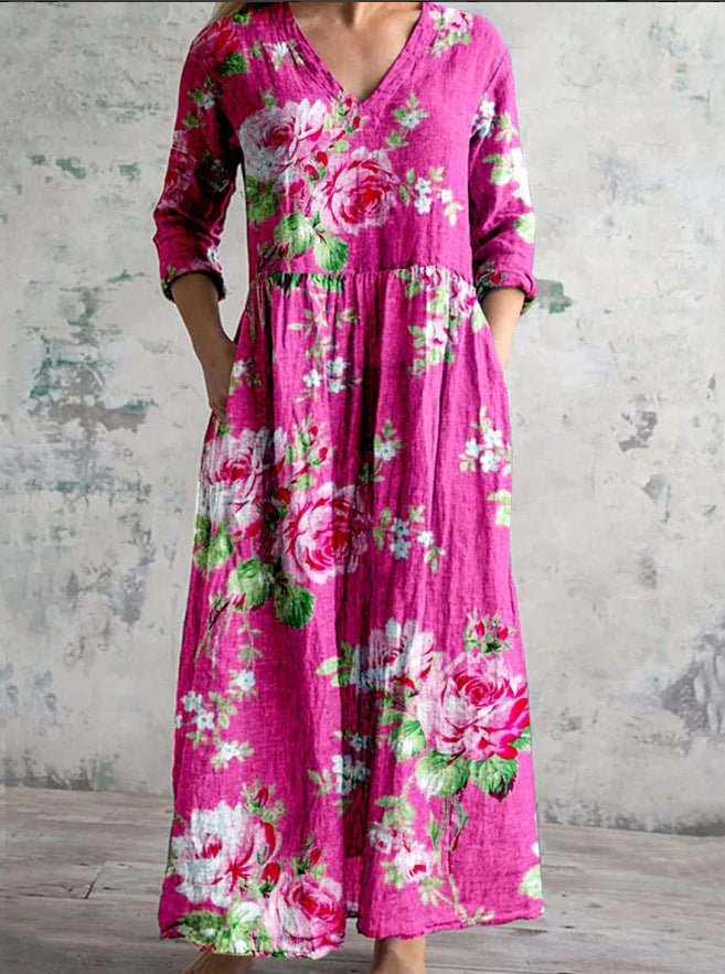 Women's V Neck Maxi Dress – Dark Pink